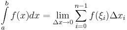 \int\limits^{b}_{a}f(x)dx=\lim\limits_{\Delta x \rightarrow 0}\sum\limits^{n-1}_{i=0}f(\xi_{i})\Delta x_{i}