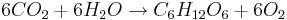 
6 CO_2 + 6 H_2O \to C_6H_{12}O_6 + 6 O_2
