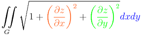 \iint\limits_{G}{\sqrt{1+{\color{Orange}{{\left( \frac{\partial z}{\partial x} \right)}^{2}}}+{\color{Green}{{\left( \frac{\partial z}{\partial y} \right)}^{2}}}}{\color{blue}dxdy}}