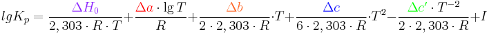 lg K_p=\frac{\color{Purple}\Delta H_0}{2,303\cdot R\cdot T}+\frac{{\color{Red}\Delta a }\cdot\lg T}{R}+\frac{{\color{Orange}\Delta b }}{2\cdot 2,303\cdot R}\cdot T+\frac{{\color{Blue}\Delta c }}{6\cdot 2,303\cdot R}\cdot T^2-\frac{{{\color{Green}\Delta c^\prime}}\cdot {T^{-2}}}{2\cdot 2,303\cdot R}+I