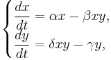 \begin{cases}
\dfrac{dx}{dt} = \alpha x - \beta xy, \\
\dfrac{dy}{dt} = \delta xy - \gamma y,
\end{cases}