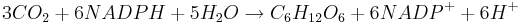
3 CO_2 + 6 NADPH + 5 H_2O \to C_6H_{12}O_6 + 6 NADP^+ + 6 H^+
